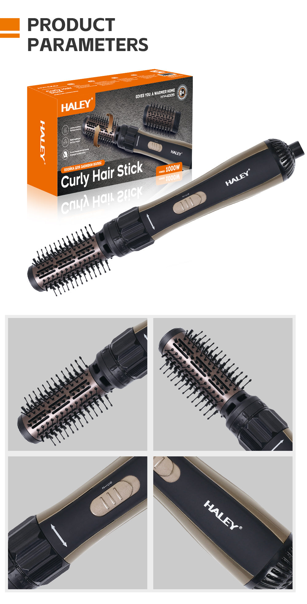 Perie Rotativă cu Uscător HALEY – Feon 2 în 1, 1000W, 2 Trepte Viteză, Coafare Rapidă și Volum, Design Elegant Negru